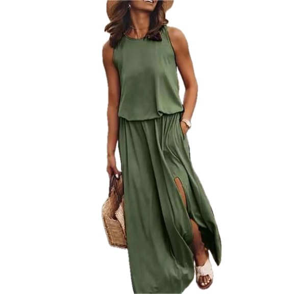 Women's Plus Size Round Neck Sleeveless Slit Maxi Dress with Pockets 95% polyester and 5% spandex Soft Breathable