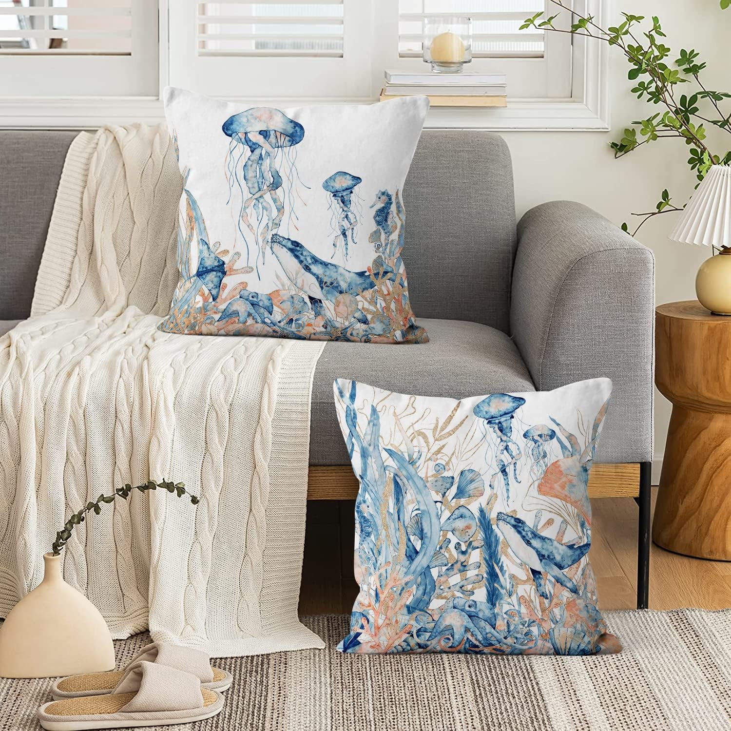 Ocean Theme Pillow Covers 20x20 Set of 2, Blue Coral Aquatic Plants Throw Pillow Covers Jellyfish Whale Seahorse Pillowcase Sea Cushion Case Summer Outdoor Decor for Home Yard