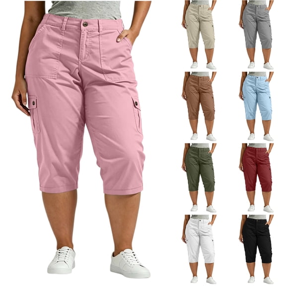 Nugftut Plus Size Capris for Women, Casual Workwear Cargo Capri Pants with Pockets, Hiking Work