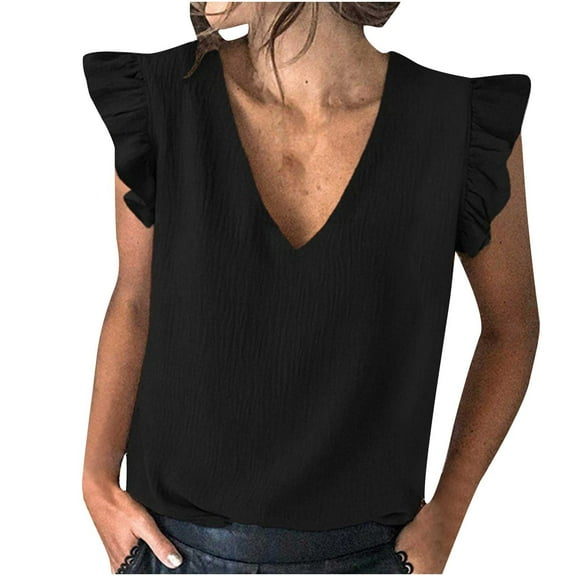 USSUMA Womens Summer Tops and Blouses Trendy Womens Summer Tops, Women's Tops Sleeveless Shirts Casual Solid Color Cap Sleeve V Neck Loose Shirt Blouse Tshirt Tops Female