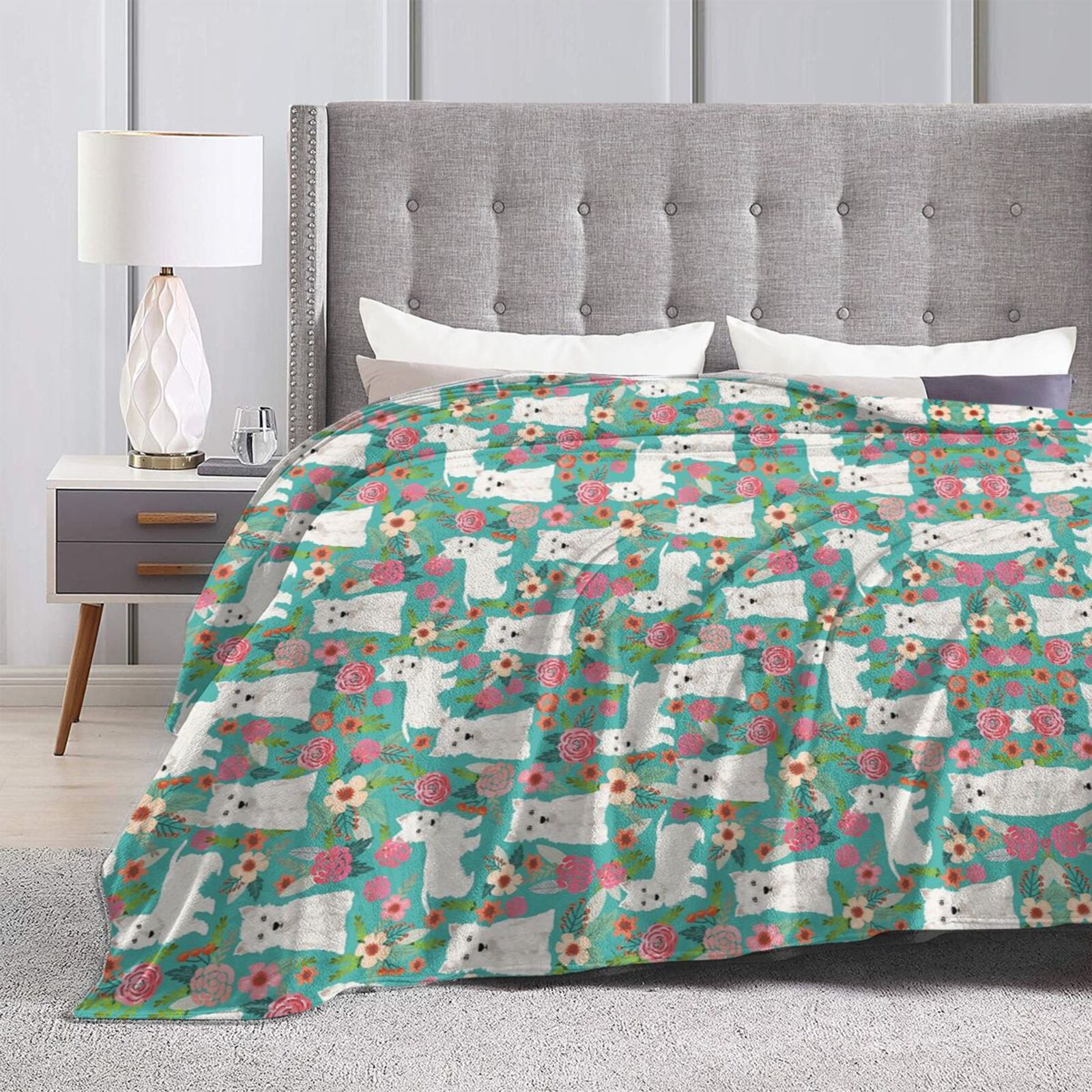 Wijzvio Westie Dog Flower Florals Throw Blanket Soft Fuzzy Fleece Blanket For Couch Bed Living Room Decoration 60"X50"