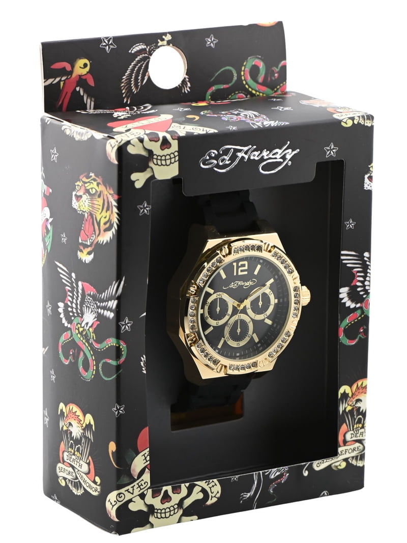 Ed Hardy Men's Black Silicone Strap Gold Analogue 56mm Watch with