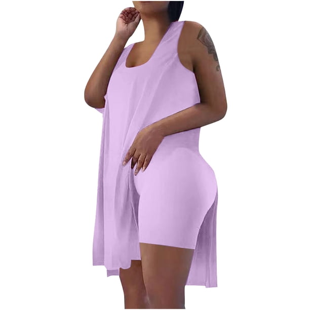 Conjuntos de trajes de mujer de talla grande, trajes de 2 piezas, Tops sueltos sin mangas, pantalones cortos de motorista con cuello en U ajustados informales, conjuntos de chándal Odeerbi ODB-2