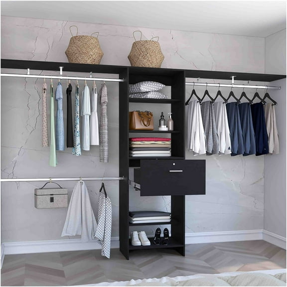 JERFIT Expandable Closet Organizer System with Drawer & Shelves, Freestanding Wardrobe with Hanging Rods, Black