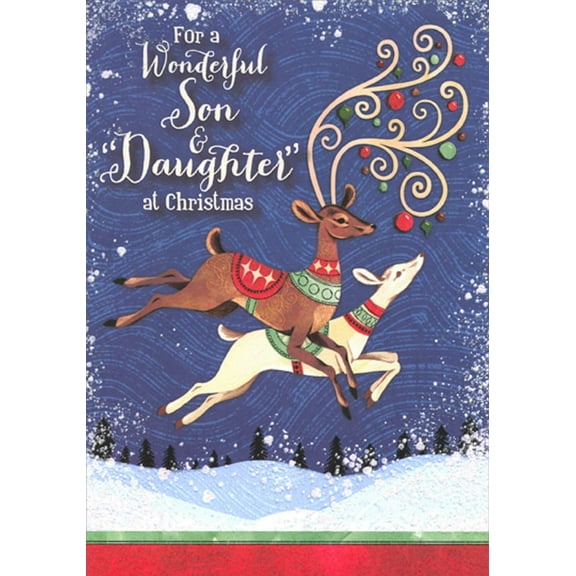 Designer Greetings Brown and White Jumping Reindeer : Blue Swirling Snow Christmas Card for Son and Daughter-in-Law