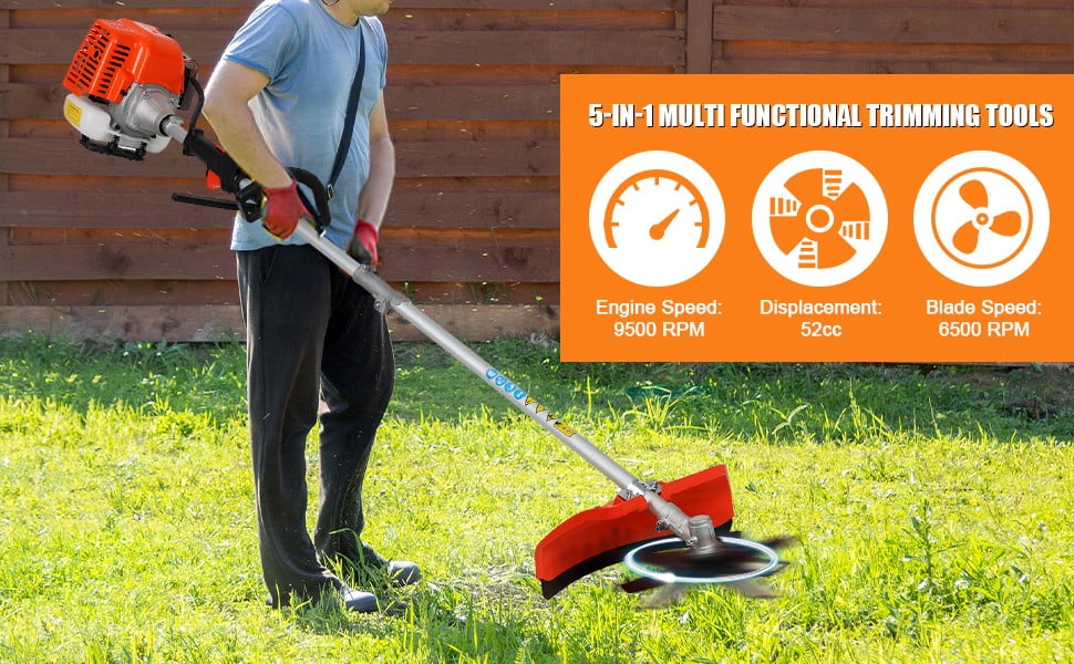 Floseru 2-Stroke Weed Eater, 52cc Gas Weed Wacker 5 in 1 Gas String Trimmer Multi Functional Garden Trimming Tools with Rubber Handle & Shoulder Strap Brush Cutter for Lawn, Garden and Yard