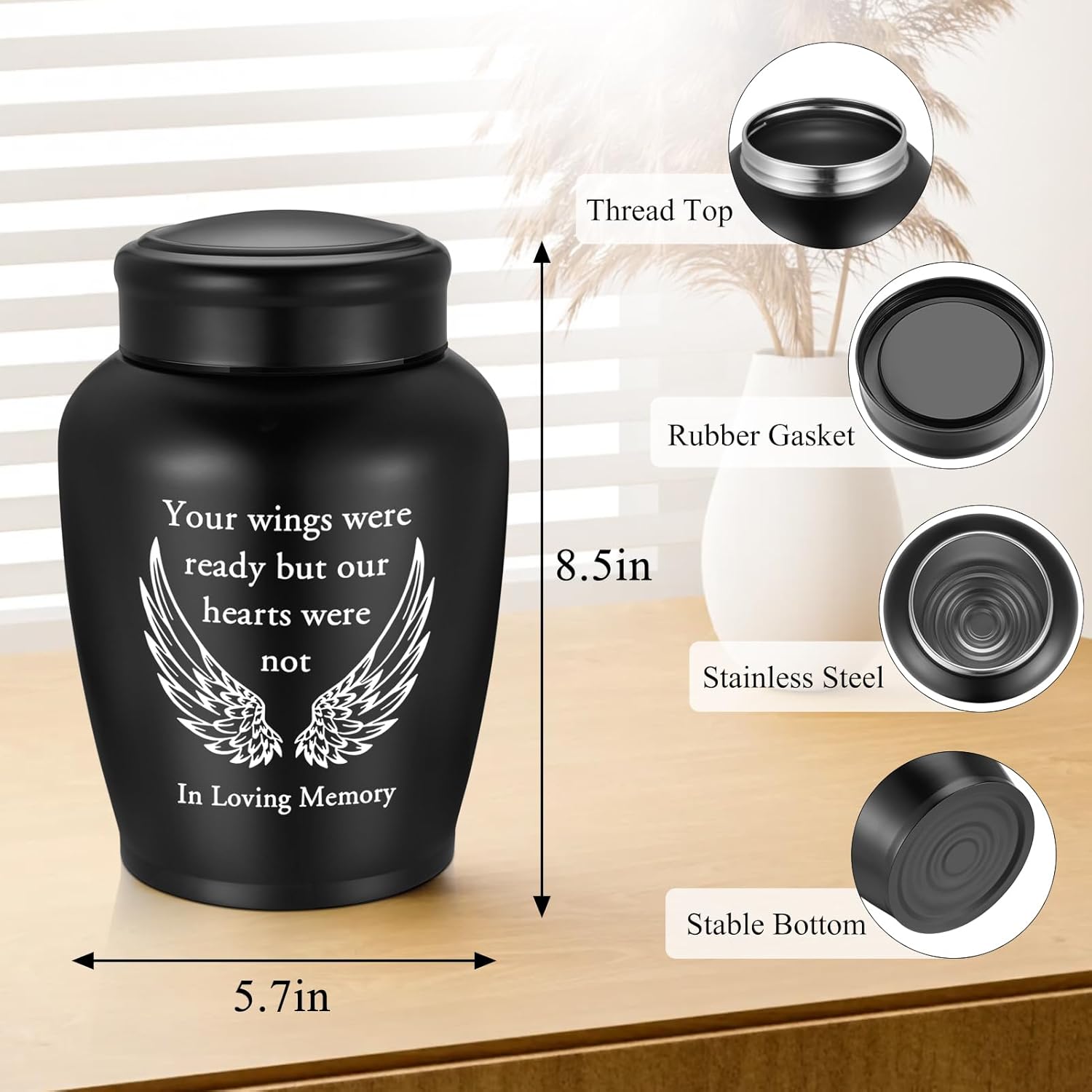 XIUDA Large Stainless Steel Urn for Human Ashes - 8.5 Inch Decorative Funeral Urn, Wings Cremation Keepsake for Men Women, Black Memorial Keepsake for Ashes