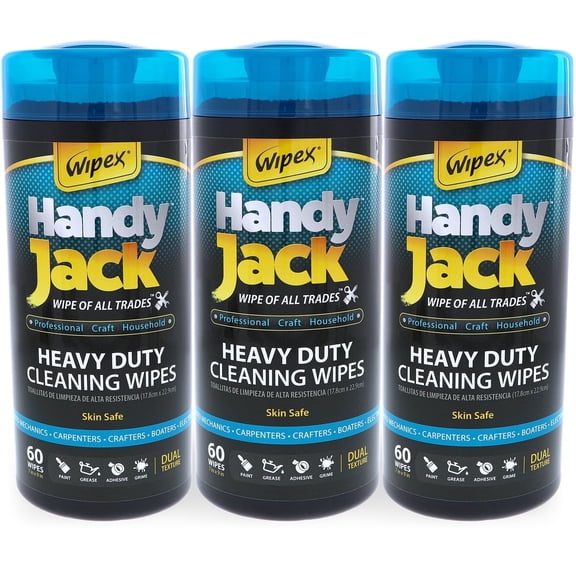 Wipex Handy Jack Heavy Duty Cleaning Wipes, Dual Texture Cleaner Cloth - Degreaser & Hand Wipe, 60ct Canister - 3pk