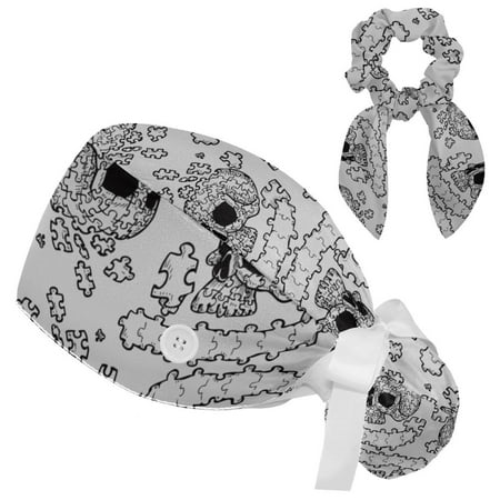 

Working Cap with Buttons and Sweatband Scrub Hat Bouffant Caps with Scrunchie Skull Tie Back Hats