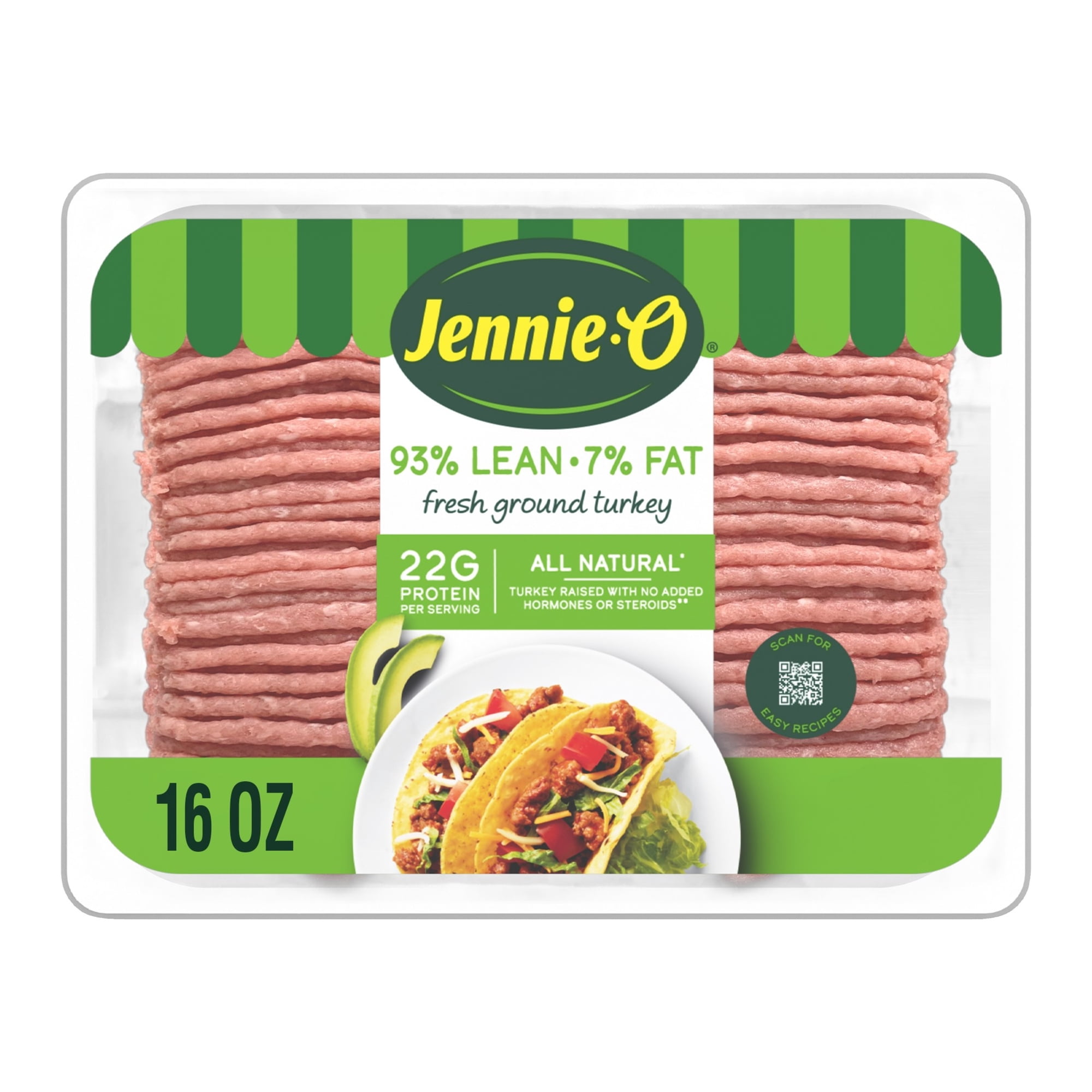 JENNIE-O Fresh Lean Ground Turkey, Fresh Meat, 93% Lean/7% Fat, 22 g protein per serving, *All Natural, 16 oz Plastic Tray