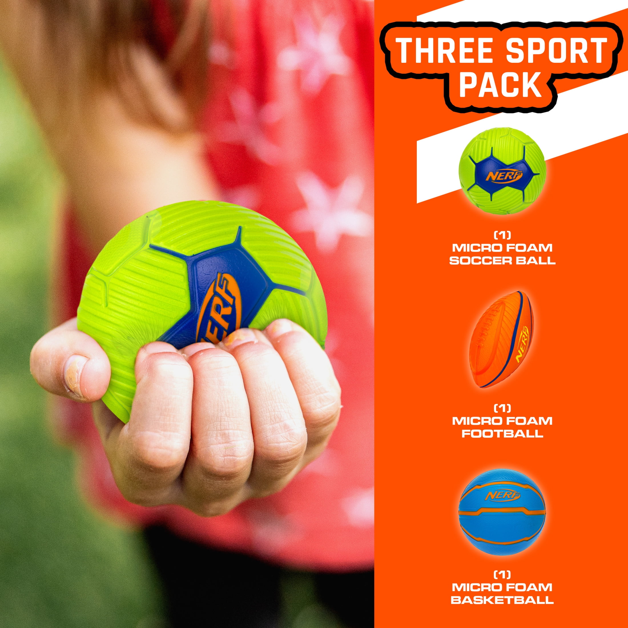 NERF Mini Stress Foam Sport Ball Set - Kids Mini Sports Ball Set - Includes Foam Micro Football, Soccer Ball + Basketball - NERF Soft Stress Relief Foam Sports Set for Kids - Multicolor