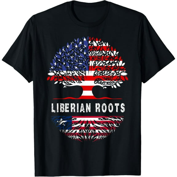 USA & Liberia Flag apparel American Grown Liberian Root T-ShirtMen's and women's gift, black and white T-shirt, size: Extra large S-4XL