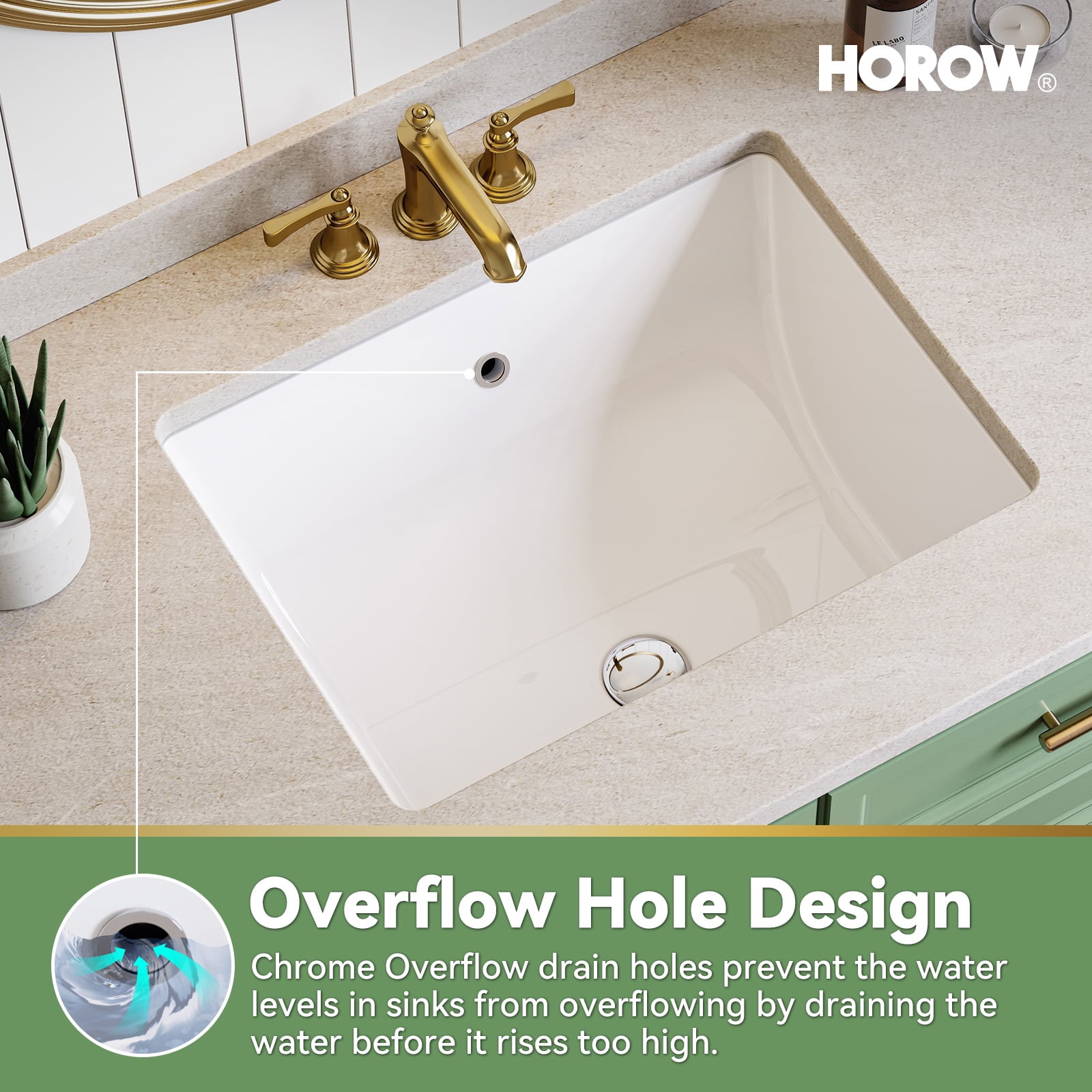 HOROW 20" x 15" White Ceramic Undermount Bathroom Sink, Rectangular Basin with Overflow Hole for Vanity