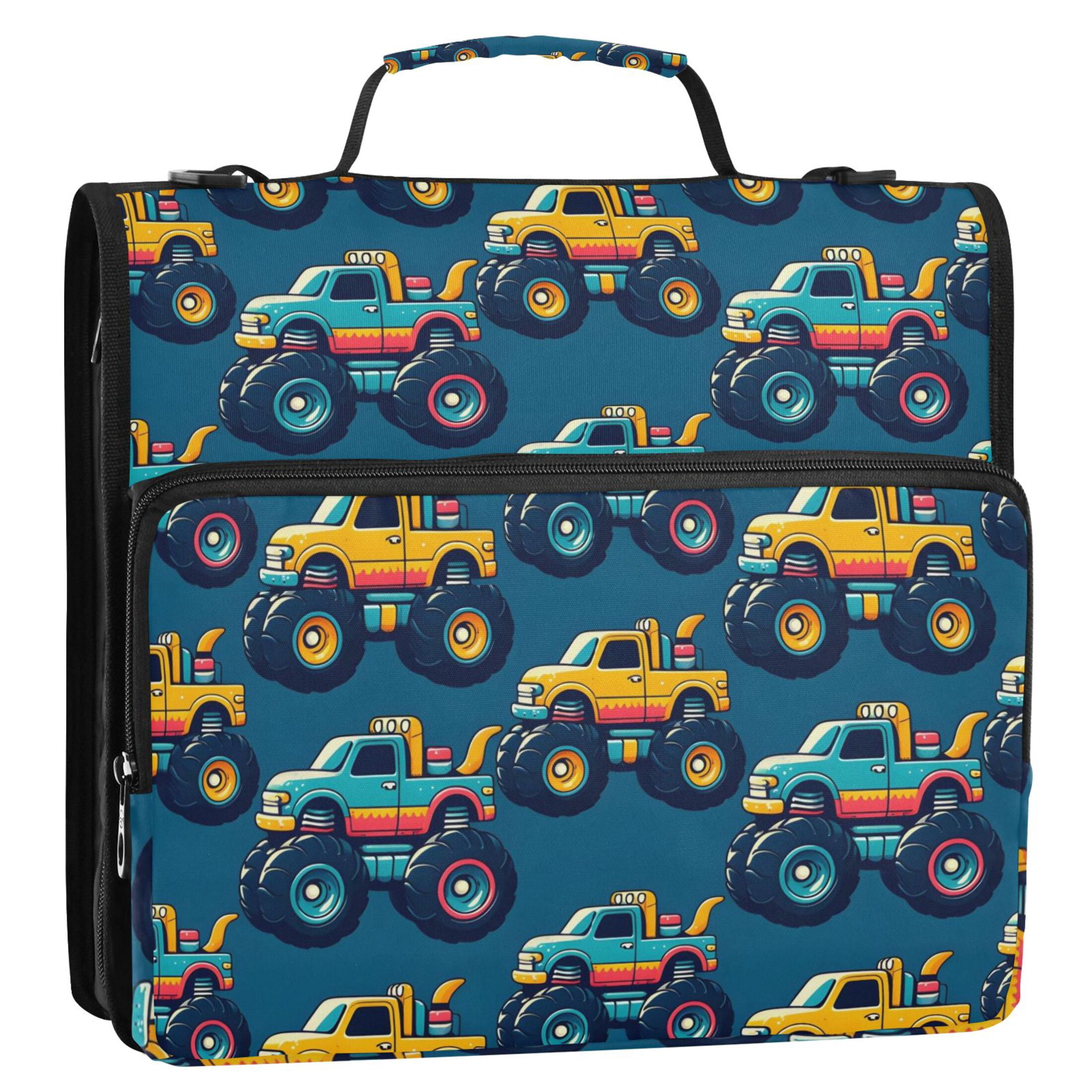 3 Ring Zipper Binder with Shoulder Strap Waterproof Trapper Keeper 2 Inch D-Ring 500 Sheets Capacity Beautiful Monster Trucks Car