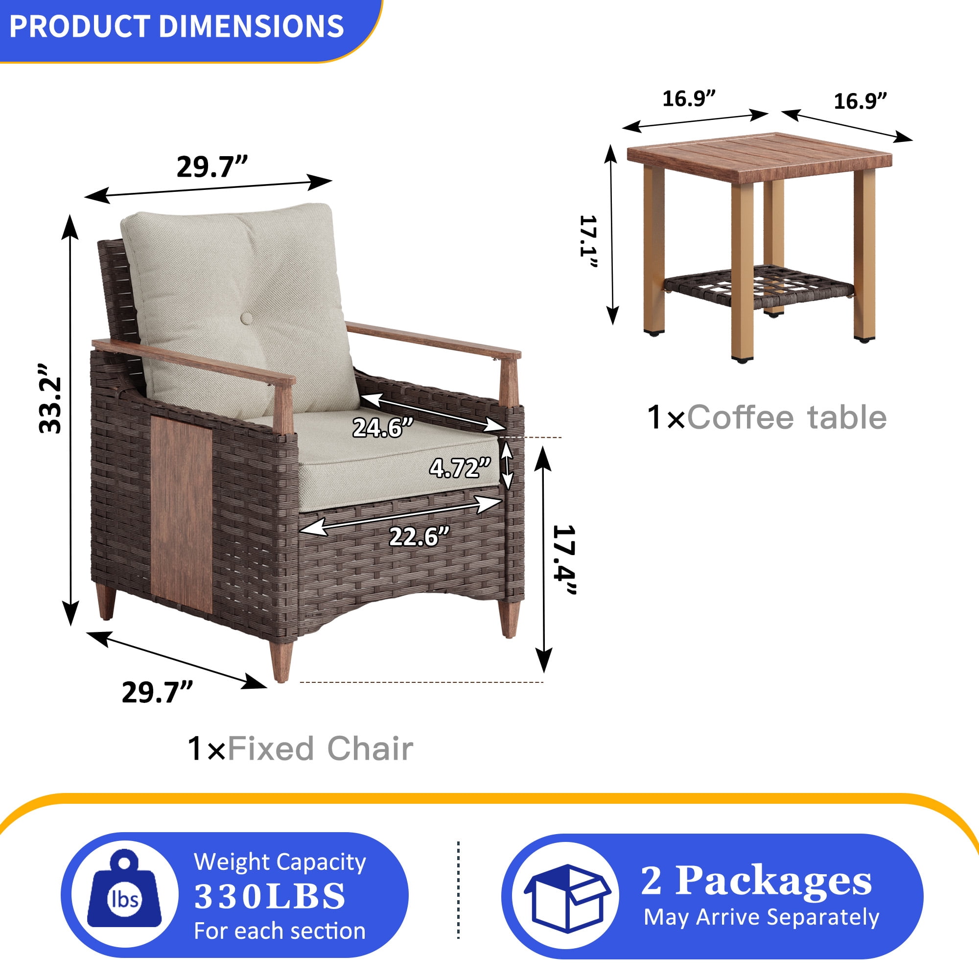 NestNook 3-Piece Outdoor Wicker Patio Furniture Set with Fixed Chairs , Side Table with Cushions for Porch, Balcony, Deck, Backyard
