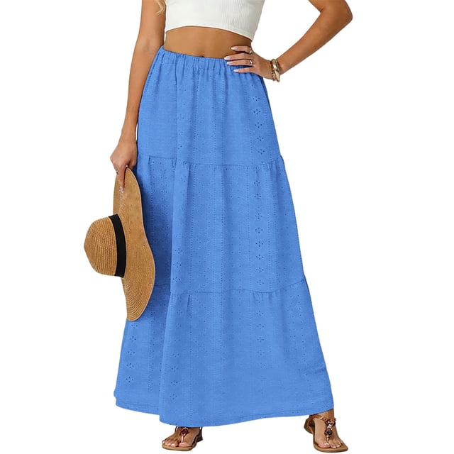 TaTaai Women's High Waist Maxi Skirt Solid Color Patchwork Hollow Out Layered Pleated Long Skirt Tiered Ruffle Hem Boho Summer Gift