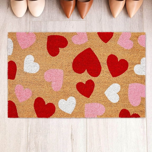Valentine's Day Natural Coir Doormat Red Love Heart Welcome Floor Mat Non- Entrance Door Rugs for Indoor Outdoor Home Bathroom Decor, 16*24 Inch