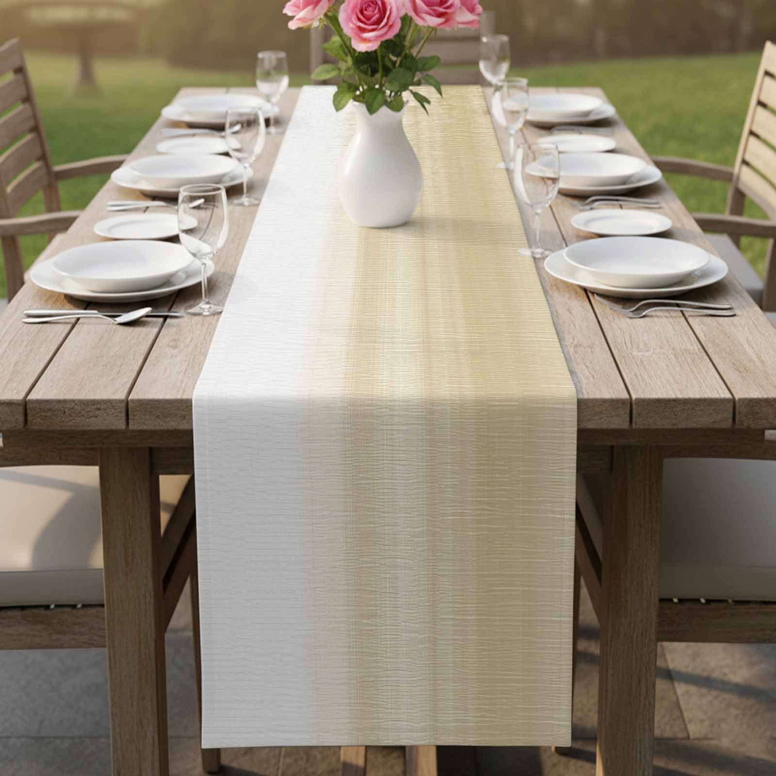 Beige White Stripes Table Runner, Farmhouse Modern Gradient Lines Washable Cotton Linen Table Runners 48 Inches Long, Dresser Scarf Runner for Nightstand/Coffee/End Tables 13''x48''