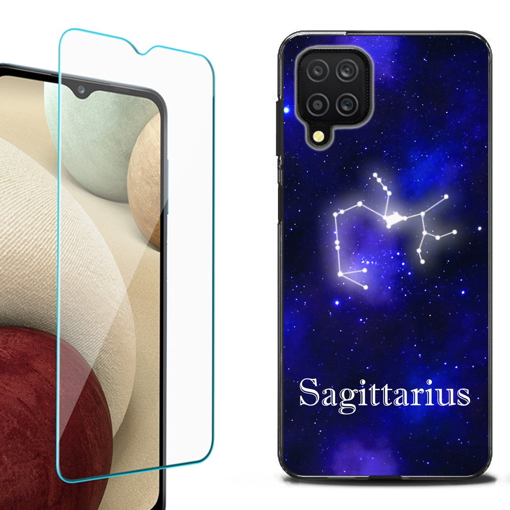 Slim-Fit Flexible TPU Gel Phone Case (black) for Samsung Galaxy A12, with Tempered Glass Screen Protector, by OneToughShield ® - Zodiac / Sagittarius
