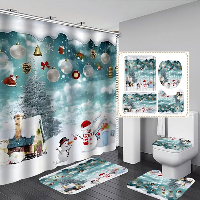 Bath Mat 1Pc, U-Shaped Tread Mat 1Pc, Cover Cover Cover 1Pc, Carpet 1Pc 4Pcs Merry Christmas Shower Curtain Sets With Non Slip Rugs Toilet Lid Cover And Bath Mat Shower Curtain With 12 Hooks