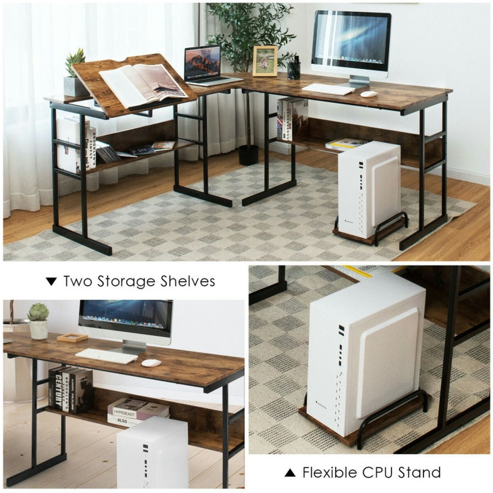 Demi Bonn L-Shaped Computer Desk with Tiltable Tabletop, Small Home Office Desk Study Writing Table, Rustic Brown