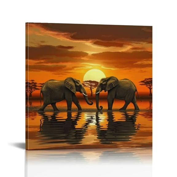African Landscape Painting Elephant Wall Art Canvas Print Modern Wild Animal Artwork Pictures on Canvas for Living Room Sunset Print Artwork Framed and Ready to hang