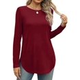 thumbnail image 2 of Women'S Long Sleeve Crew Neck Shirt Side Basic Loose Tunic Top Casual Wine Red S, 2 of 5