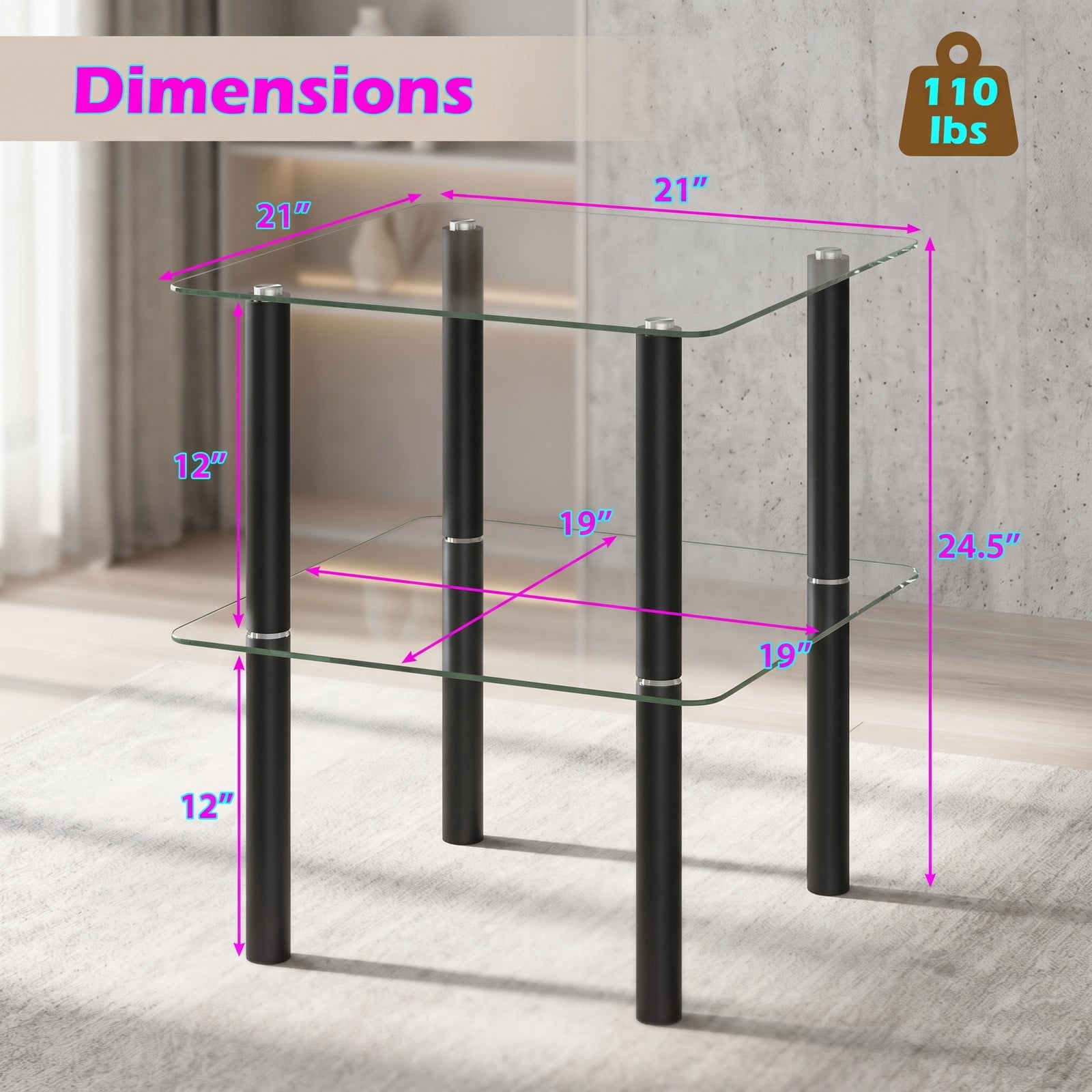Furnibear 2-Tier Square End Table with Tempered Glass Top and Storage Shelf, Rubber Wood Legs Side Table for Living Room Bedroom, Round-Edge Nightstand, Clear & Black
