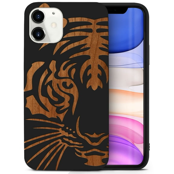 Case Yard Wooden Case for iPhone-11 Soft TPU Silicone cover Slim Fit Shockproof Wood Protective Phone Cover for Girls Boys Men and Women Supports Wireless Charging Tiger Design