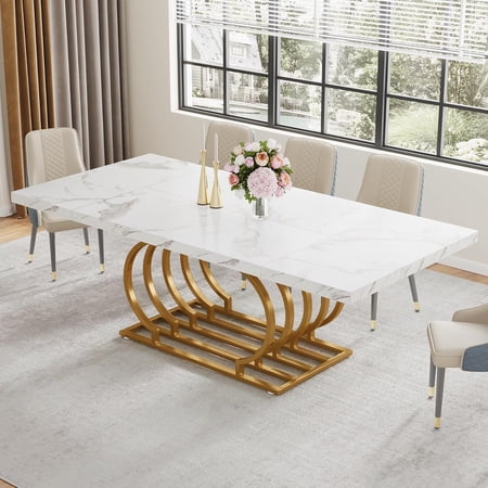 Tribesigns 70.9" Dining Table for 6-8, Faux Marble Top, Geometric Frame Kitchen Table, White Gold