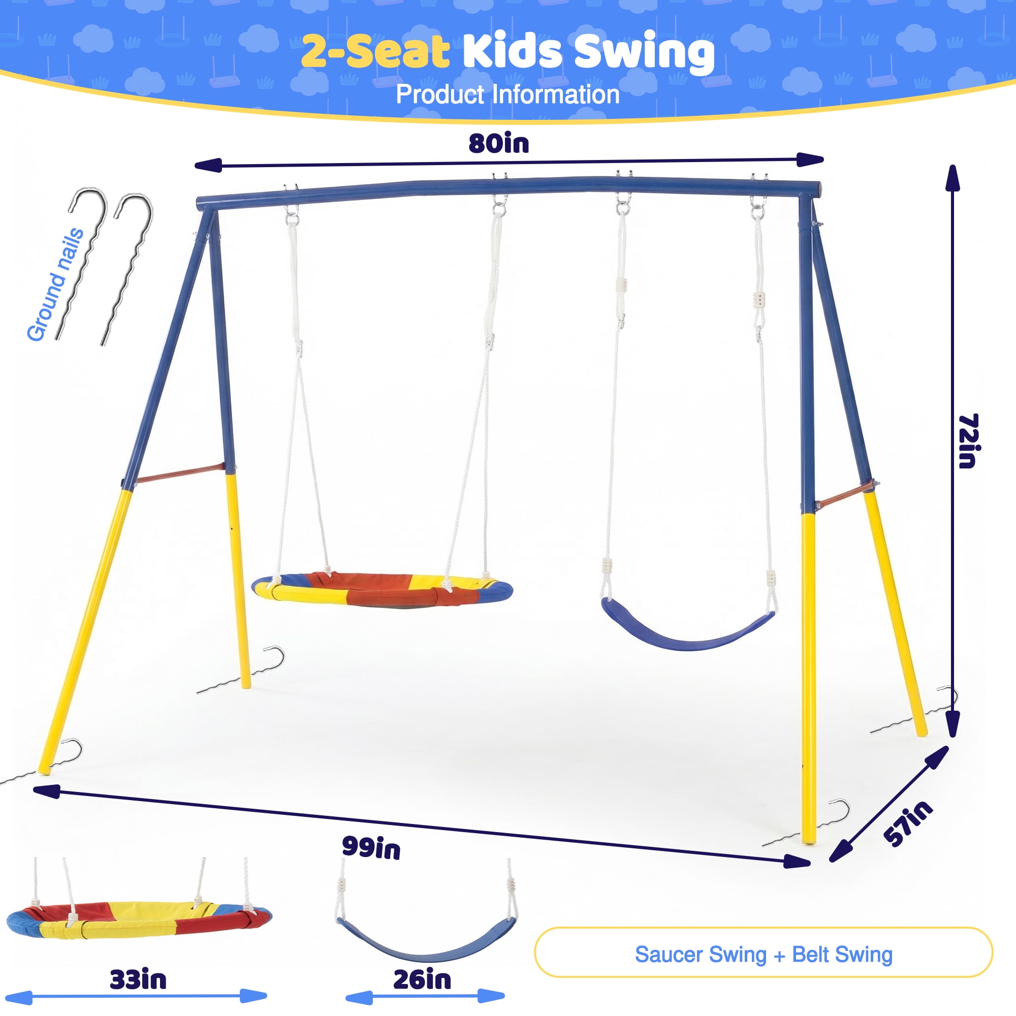 330lbs Heavy-Duty A-Frame Swing Set, Outdoor Metal Swing Stand with 32" Saucer Swing and Belt Swing Seat for Backyard Garden Patio