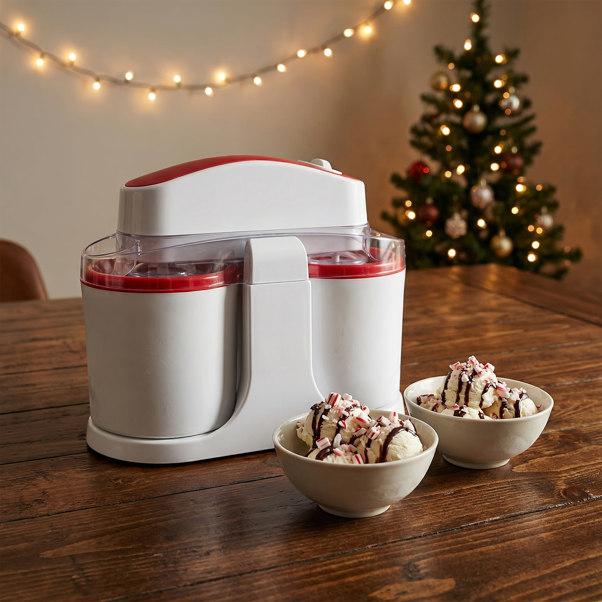 33.81oz Dual-Cup Ice Cream Maker, Dual Flavor Frozen Yogurt Machine, ABS Separated Easy Clean Design, Compact Electric Kitchen Gadget for Party Holiday Gift
