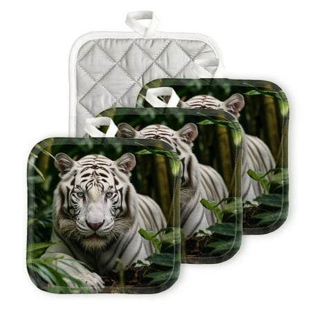 

Bahomeck Pot Holder 4Pcs White Tiger With Blue Eyes In The Jungle Square Heat Resistant Hot Pads For Kitchen Cooking Oven With Hanging Loop Potholder Easy To Store