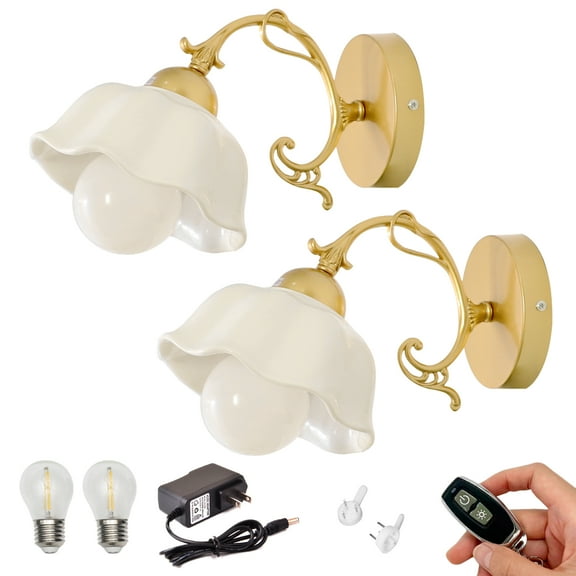 Kiven Battery Operated Wall Lamp,Vintage Rechargeable Wall Sconces with Glass Lampshade, E26 Socket Warm White Bulb Included(Set of 2)