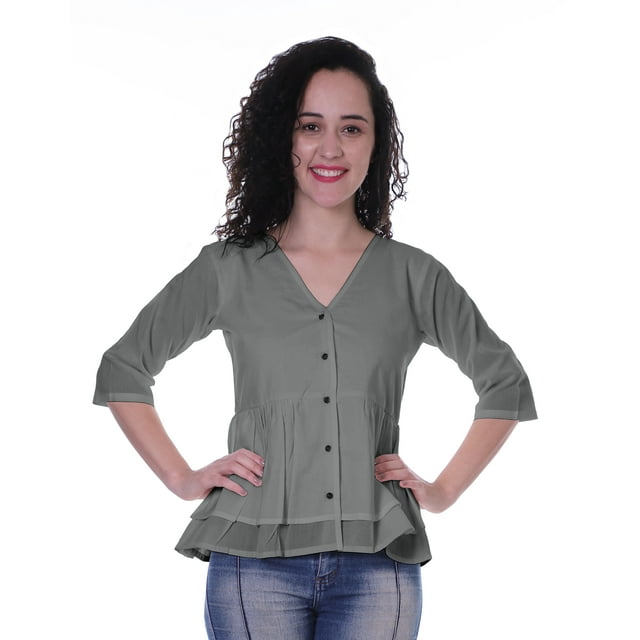 Moomaya Blouse Ethnique en Coton Peplum Col en V pour Femmes