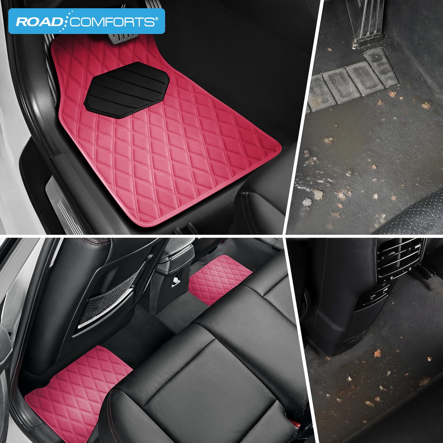 Road Comforts 4PC Leather Quilted Car Floor Mats, Stylish, Durable, Waterproof, Non-Slip, Full Coverage for Cars and SUVs Hot Pink