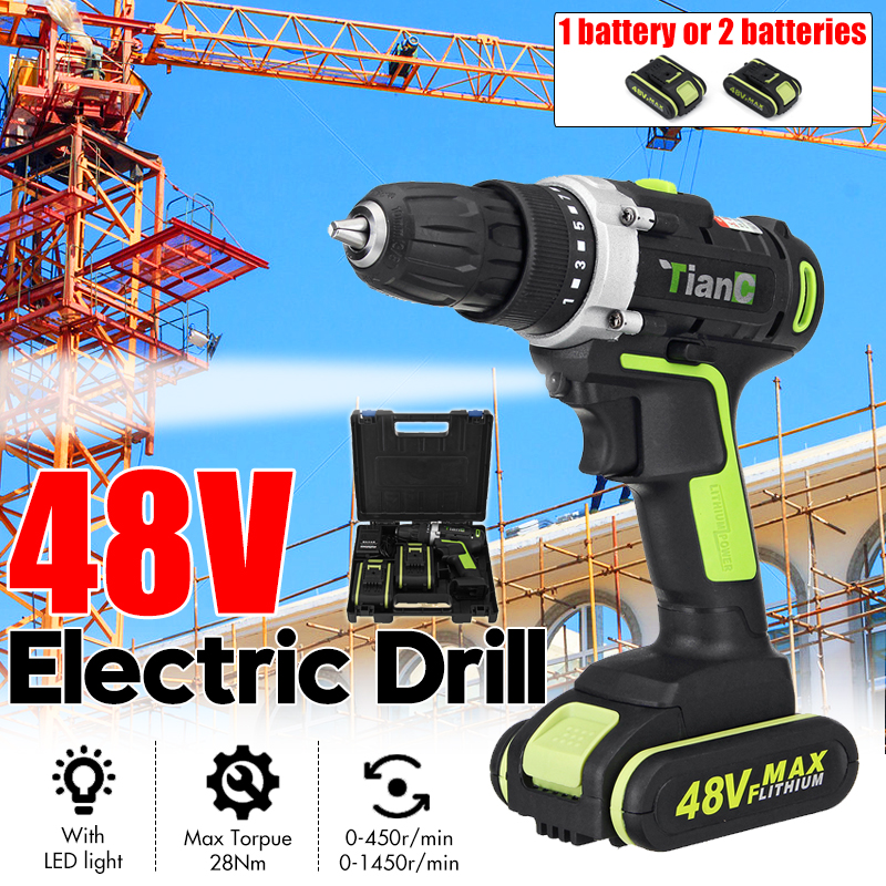 48V Cordless Electric Drill Driver with Lithiumion Battery
