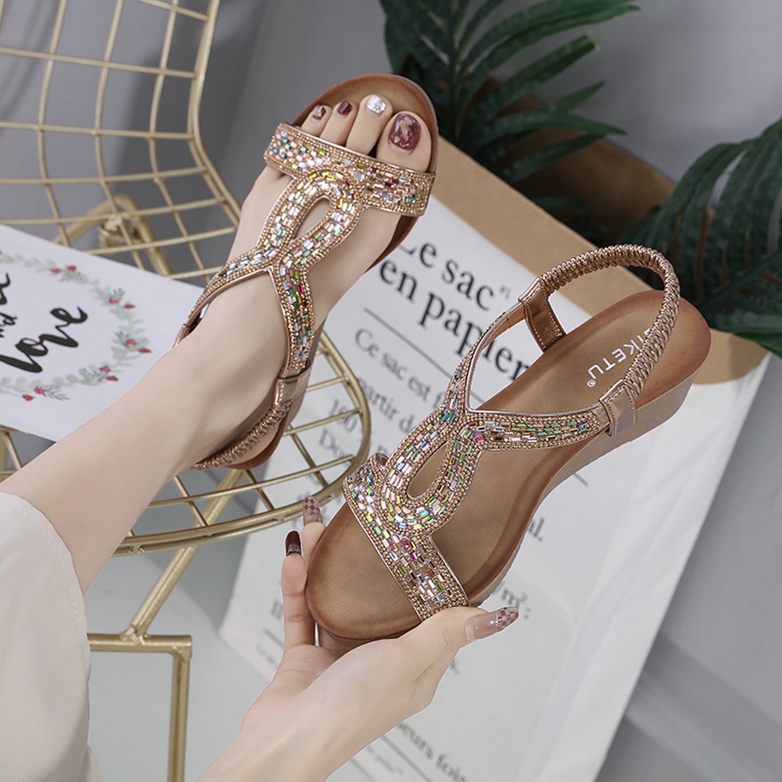 LEEy World Walking Shoes Women Sandals Women Dressy Summer Flat Gladiator Sandals Bohemian Beaded Rhinestone Casual Summer Cute Comfortable Thong Flip Flops Walmart
