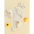 thumbnail image 4 of Musuos Newborn Girl Autumn Jumpsuit 3 6 12M Solid Color Round Neck Flying Sleeve Ruffled Zipper Romper with Bow Headband, 4 of 10