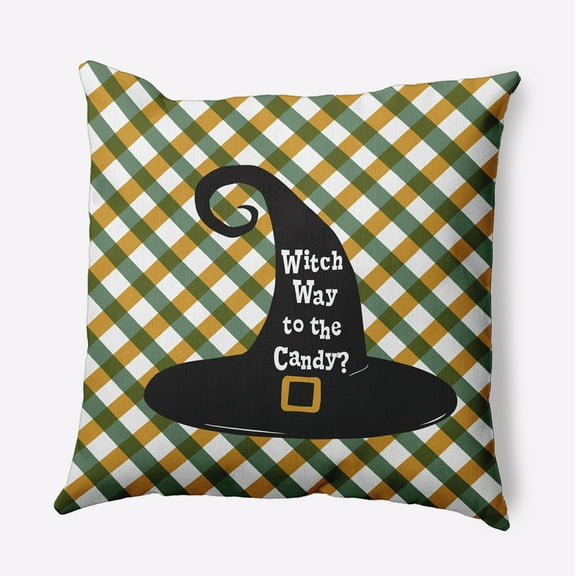 16" x 16" Simply Daisy Halloween Witch Way to the Candy Polyester Indoor/Outdoor Pillow, Golden Mustard Qty 1