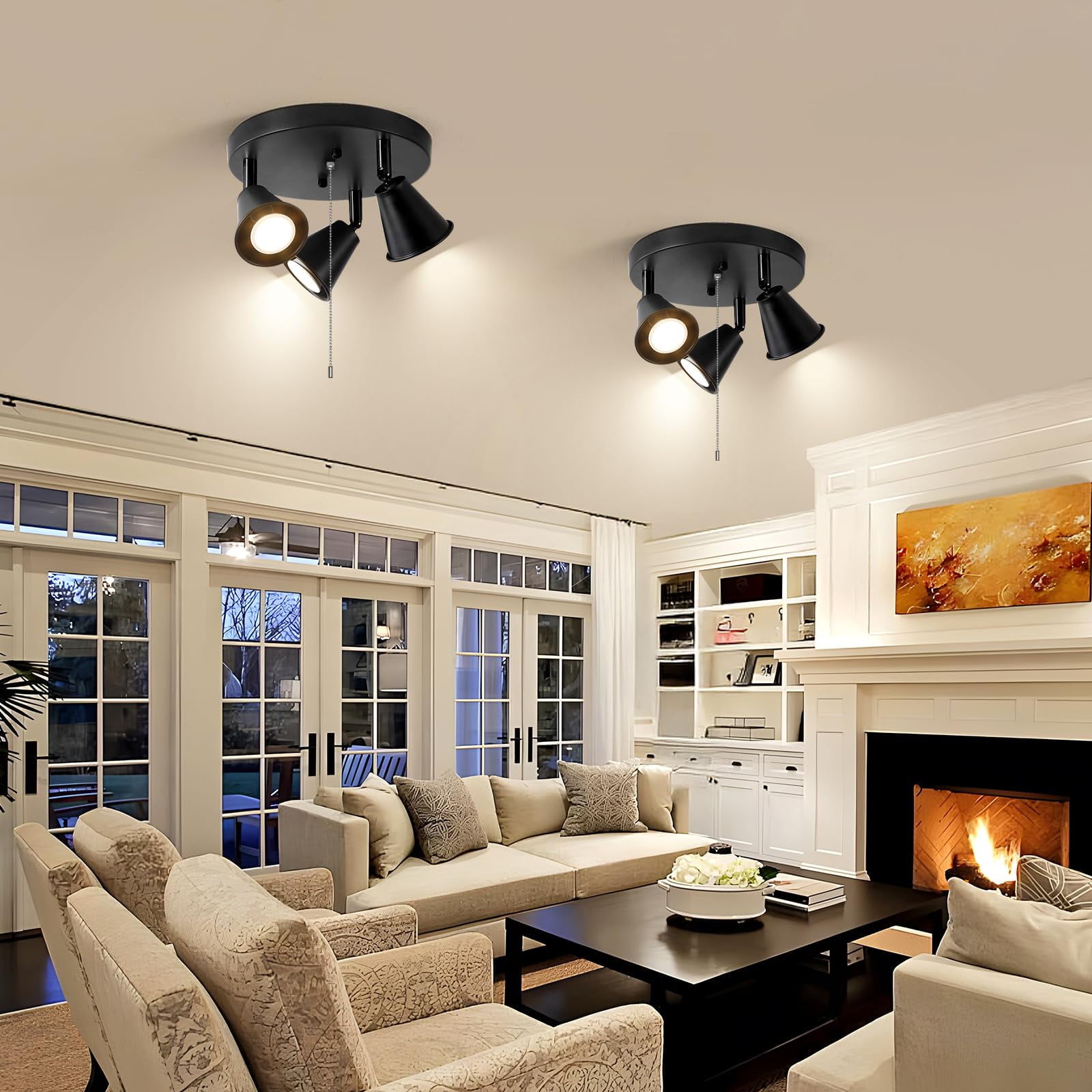 Directional Track Lighting Industrial Modern with Pull Chain On Off 3-Light Black Ceiling Spotlight Flush Mount