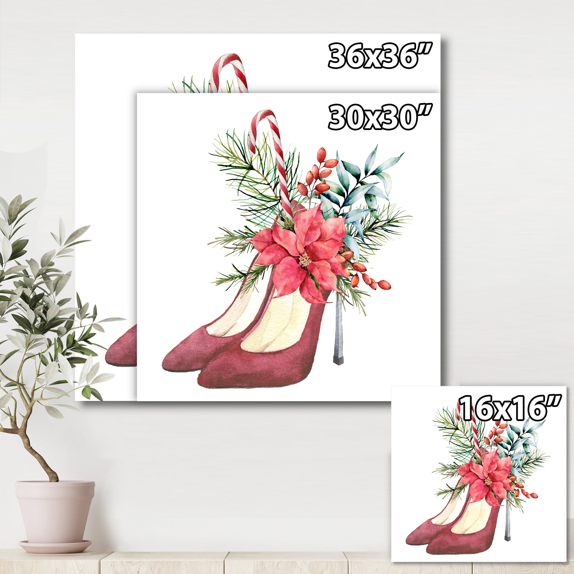 Designart ' Red Suede Heeled Shoes With Christmas Red Floral Decor ' Traditional Canvas Wall Art Print