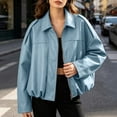 thumbnail image 3 of Textilo Womens Faux Leather Bomber Jacket Long Sleeves Full Zip Up Jacket with Pockets Lapel Collar Pilot Cropped Coat Trendy Casual Fashion Spring Fall Streetwear,Sky Blue 2XL, 3 of 4
