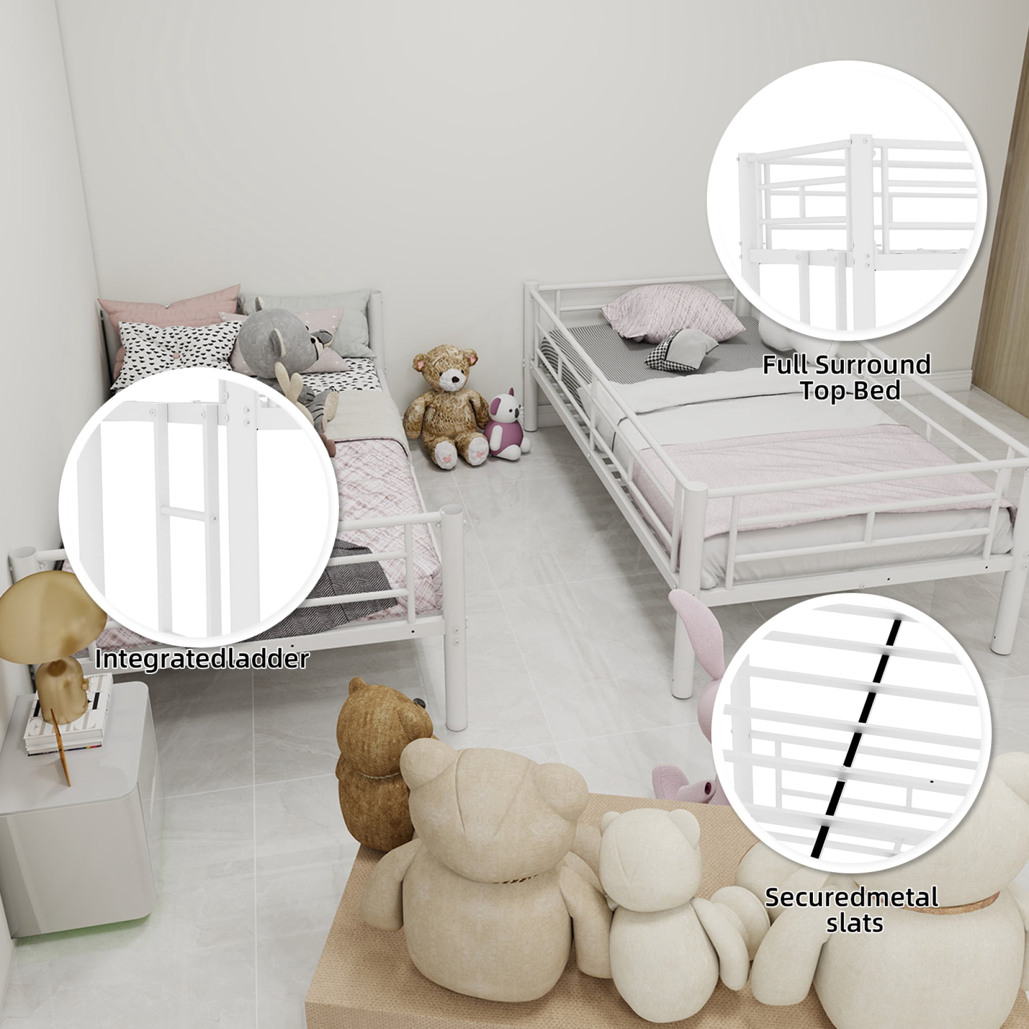 Twin Over Twin Bunk Bed for Kids Boys Girls, Metal Bunk Bed with Ladders & Guardrail,Convertible 2 Beds,White