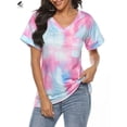 thumbnail image 3 of PULLIMORE Womens Casual Tie Dye Summer Tops Short Sleeve T-shirt Gradient V Neck Loose Fit Tee Shirts Plus Size Blouse (2XL, Purple), 3 of 9