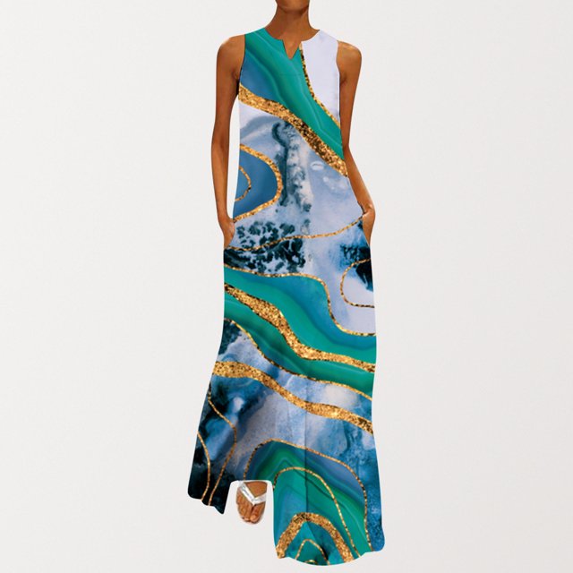 SMihono Robe Maxi Bohème d'Été pour Femmes Grande Taille Mode pour Femmes Col en V Sans Manches Soirée d'Été Fête Imprimée Dames Poche Gilet Longue Robe Plage Évasée Robe d'Été