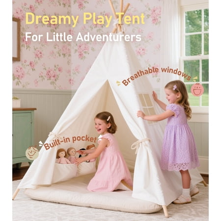 Teepee Tent for Kids Foldable Teepee Play Tent with Fairy Lights, Carry Case Water Resistance, Pretend Camp Fire, Four Poles Style Raw White Color - New Version Tiny House little dove