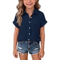 thumbnail image 2 of Resicozy Girls Button Down Linen Shirts for Kids Summer Short Sleeve Dress Shirts Uniform Blouse 3-13 Years Navy 120, 2 of 8