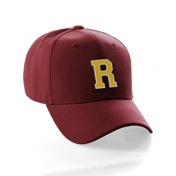 Classic Baseball Hat Custom A to Z Initial Team Letter, Burgundy Cap White Gold Letter R