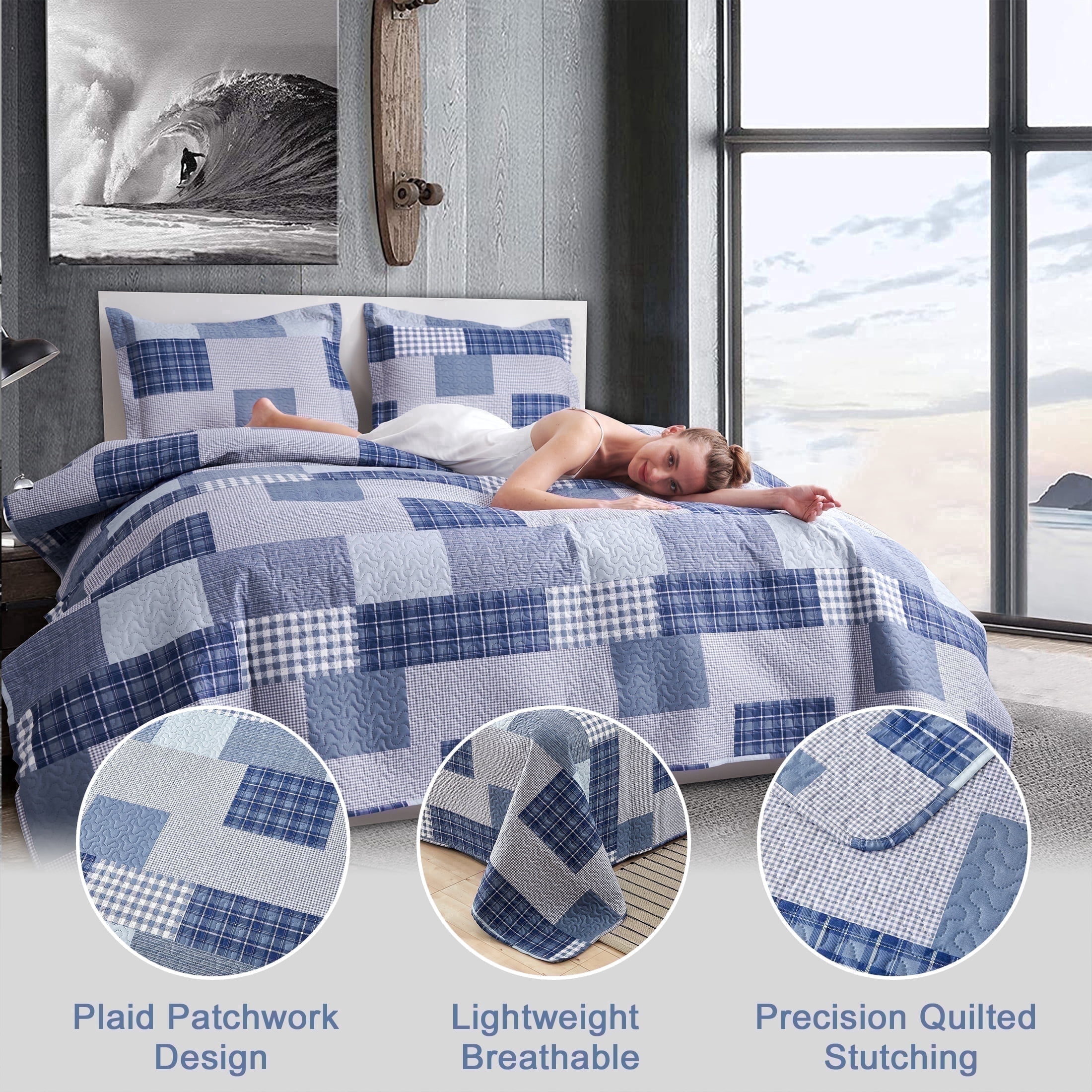 Smuge Full/Queen Size Reversible Quilt Set with Pillow Shams, Soft Microfiber Lightweight Coverlet Bedspread, Modern Blue White Plaid Bedding
